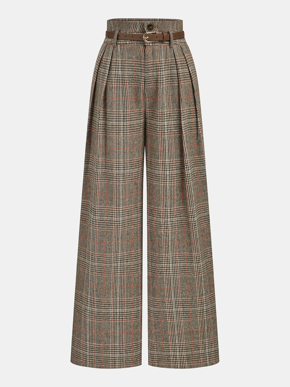 Commense Wide-Leg Plaid Trousers - Brown Plaid